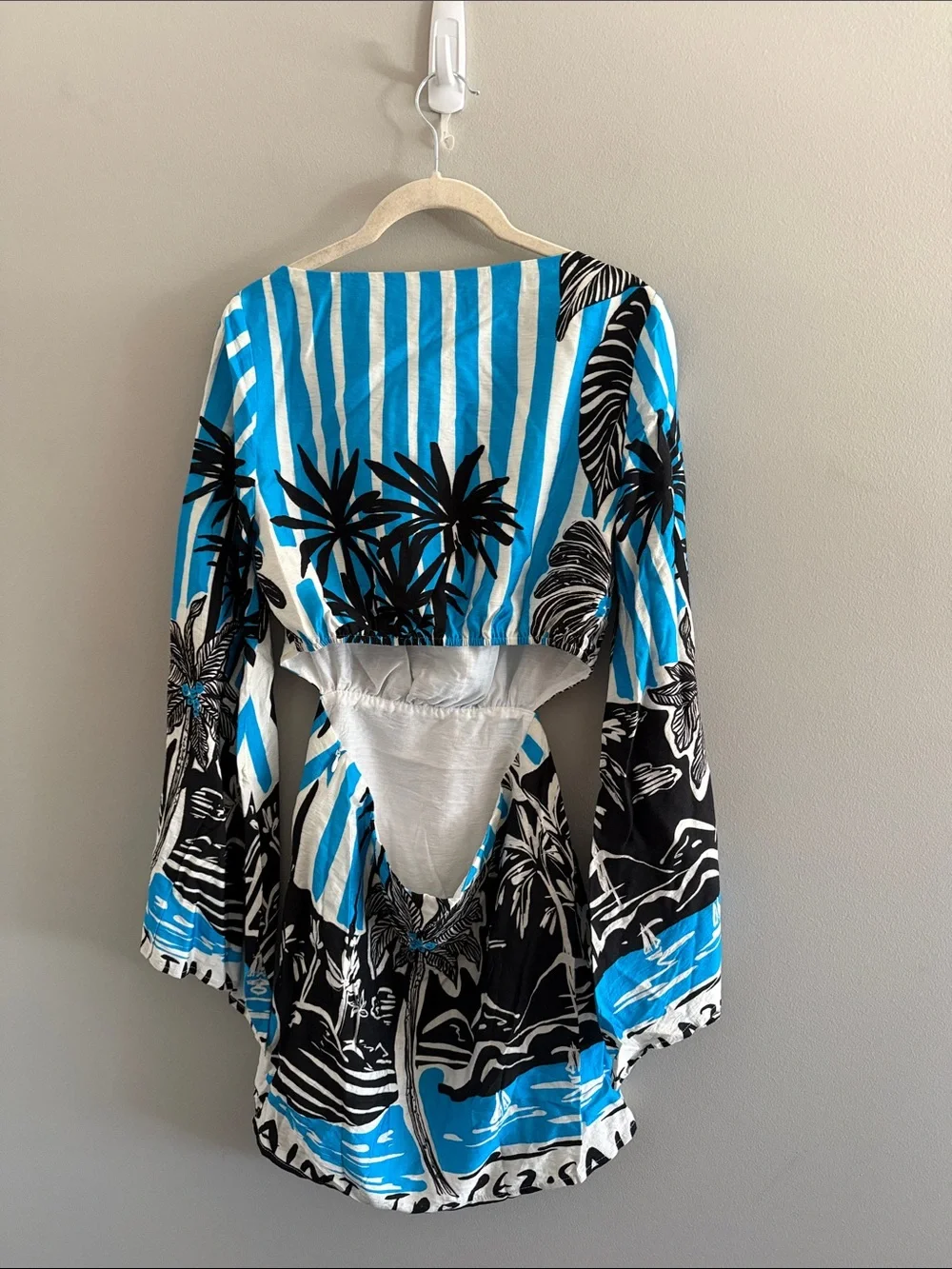 Tropical Palm Print Mini Dress in Bright Blue & Black - Picture 7 of 7